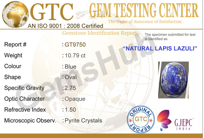 10.79 ct Natural Certified Lapis Lazuli (Lajwart)